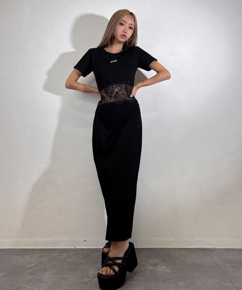 美品　レジャ　半袖ロングワンピース　総レース　ブラック　 S セール】レースレディース Lace Ladies 七分袖総レース