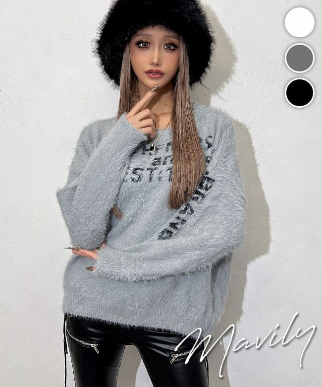 ロゴ入りシャギーニットトップス