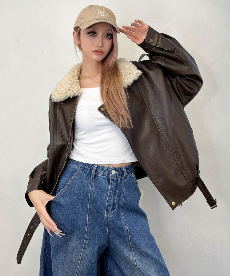 ボア襟付きレザージャケット | レディースギャルファッション通販