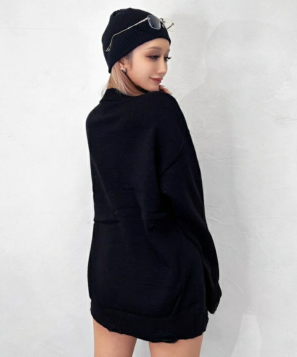 ナンバリングダメージニットトップス | レディースギャルファッション